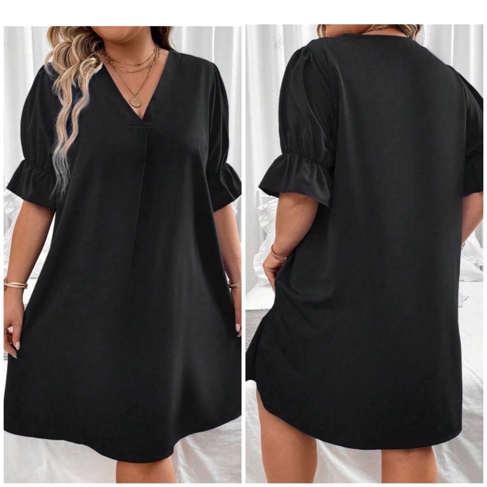 NWT Shein Curve Black Solid Flare Sleeve V Neck Straight Dress PLUS SZ 1X